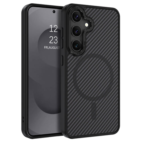 Samsung Galaxy S25 Case MagSafe Compatible — Black Carbon Fiber Magnetic Slim Shockproof Cover, Wireless Charging Protective Phone Case for Galaxy S25