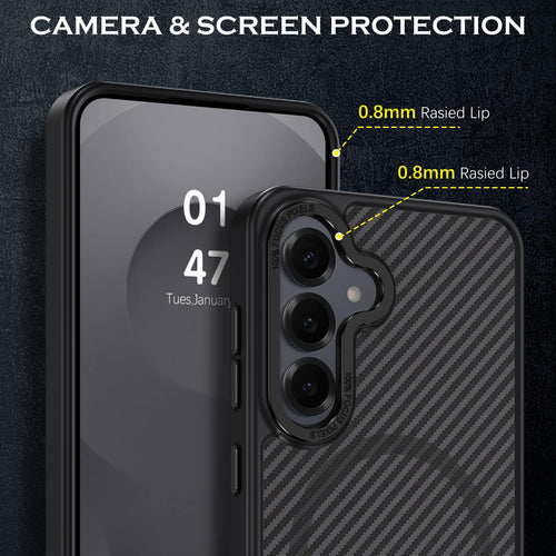 Samsung Galaxy S25 Case MagSafe Compatible — Black Carbon Fiber Magnetic Slim Shockproof Cover, Wireless Charging Protective Phone Case for Galaxy S25