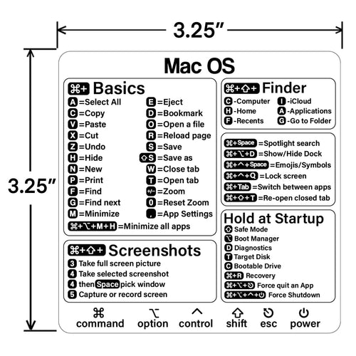 '- Mac OS Shortcuts Sticker (M1+Intel), Laptop Keyboard Shortcut