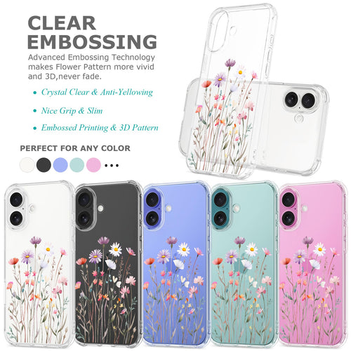 Clear Case for iPhone 16 for Women Girls,Cute Flowers Design Phone Cover,