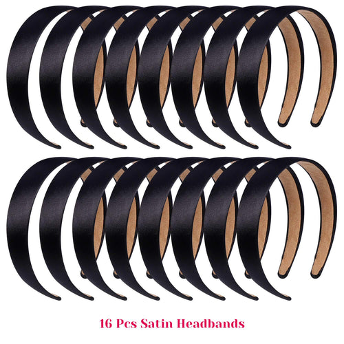 16 Pcs Satin Headbands Bulk 1 Inch Anti-slip Black Ribbon Hair Bands Plain Hard