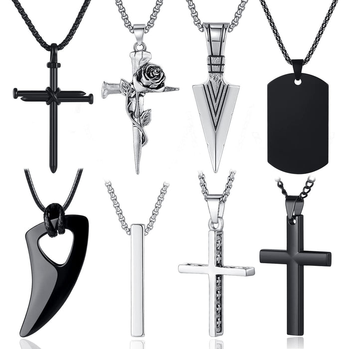 8 Pcs Necklace for Men, Mens Necklaces Jewelry Set, Black and Silver Stainless S