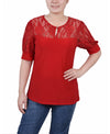 Ny Collection Womens Short Puff Sleeve Top with Lace Sleeves, Large