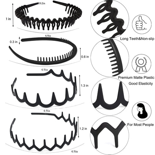 8 PCS Fashion No Slip Effortless Plastic Headbands with Teeth Comb Black Skinny