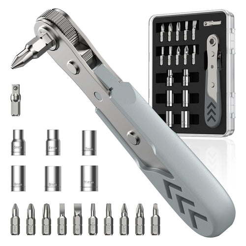 17in1 Right Angle Ratcheting Screwdriver Set, [Bearing Steel] 36-Tooth Mini Ratc