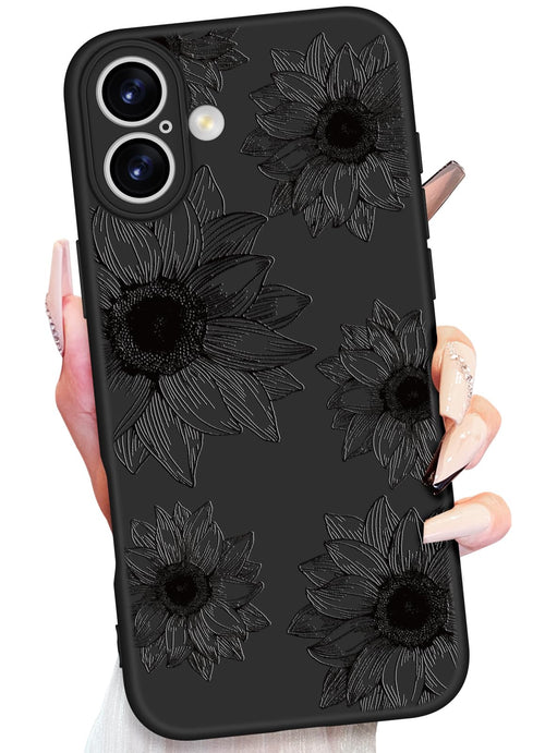 iPhone 16 Case 6.1 Inch - Women Girls Sunflower Cute Black Frosted Slim Fit