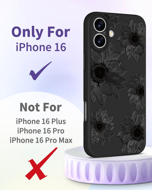 iPhone 16 Case 6.1 Inch - Women Girls Sunflower Cute Black Frosted Slim Fit