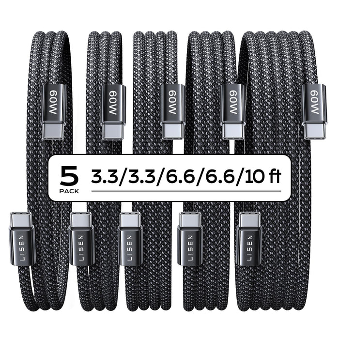 C To Usb C Cable, 5-Pack [3.3/3.3/6.6/6.6/10Ft] For Iphone 17 Charger Cord, 60W