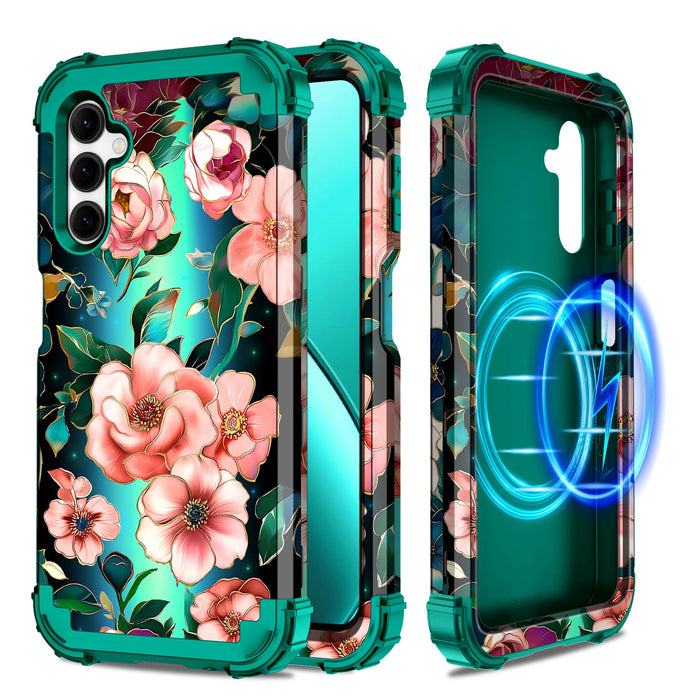for Galaxy A16 Case Magnetic,[Compatible with MagSafe] Floral Three Layer Heavy