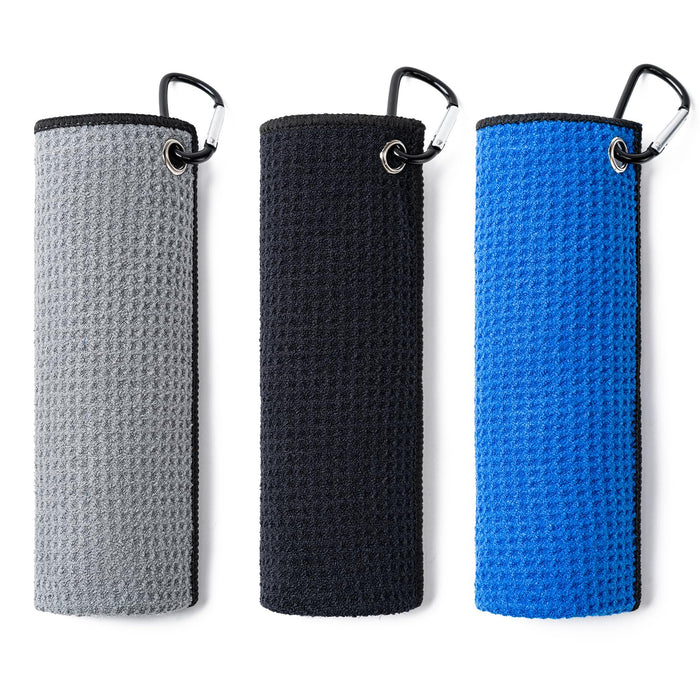 3 Pack Golf Towels(16" X 16") with Carabiner Clip,Microfiber Fabric Waffle Patte
