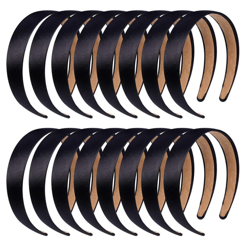 16 Pcs Satin Headbands Bulk 1 Inch Anti-slip Black Ribbon Hair Bands Plain Hard