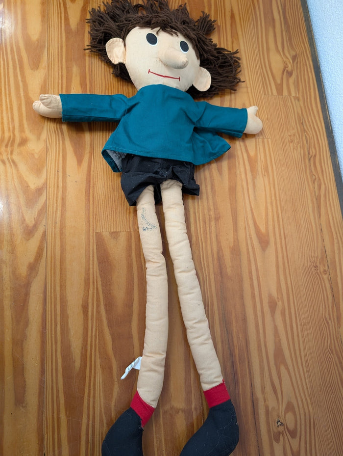 Kreative Kids Long-Legged Cloth Doll from Kreative Kids - 1990s Toys (Fabric, Yarn Doll, Vintage, Toys, Teal, Black, Brown, Beige)