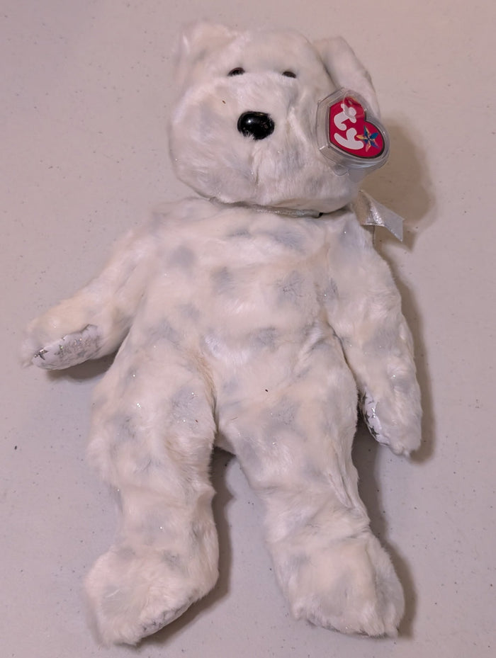 The BEGINNING BEAR Ty Beanie Buddy 14” Sparkles White w/Silver Stars (MWMT, Vintage, Retired, with Tag, VTG, Stuffed Animal, Plush, Toy)