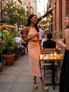 Lulus Top of the Trends Peach Twist-Front Cutout Halter Midi Dress, Size Large