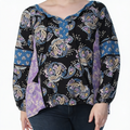 Style & Co Black Printed Split Neck Long Sleeve Top,Size XL