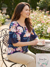 Jm Collection Printed Ruffle-Cuff Top Intrepid Blue Combo, Size PL