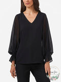 Msk Womens Black Sheer Lined Smocked Cuff Balloon Sleeve V Neck Top, Size Large
