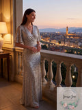 Lauren Ralph Lauren Sequined Elbow-Sleeve Gown – Pearlescent, Size 4
