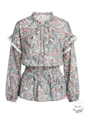 Aqua Printed Lace Trim Top