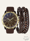 INC Brown Faux-Leather Strap Watch 48mm & 3-Pc. Bracelet Set