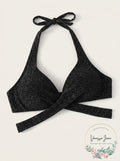Bar III Shimmer Twist-Halter Bikini Top, Black, Size Small