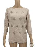White House Black Market WHBM Sweater, Tan with Jewel Embellishments, Size S
