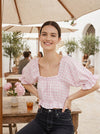 VERO MODA Gingham Crop Top in Snow White Checks Parfait Pink, Size XL