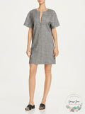 Theory Sharkskin Short-Sleeve Shift Dress, Gray, Size Medium