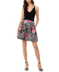 Xscape Black Printed Spaghetti Strap V Neck Fit And Flare Dress-Size 10