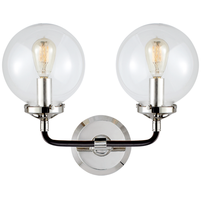Bistro Double Light Curved Sconce Polished nickel and Black with Clear