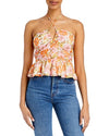 Aqua Retro Floral Halter Top, Size Medium